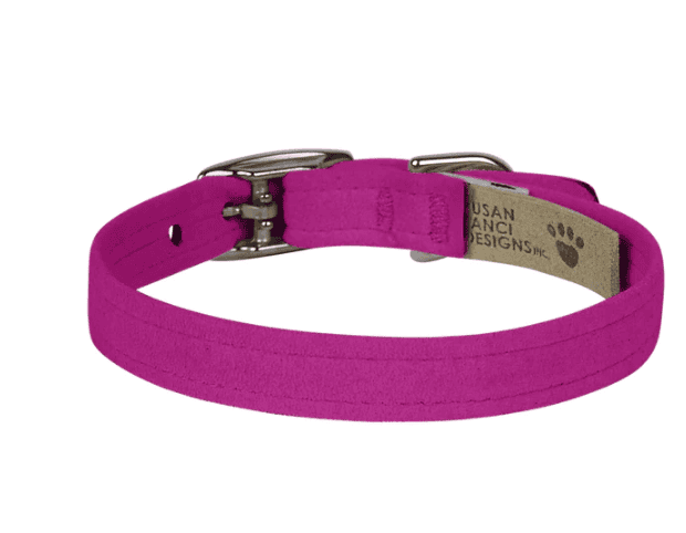 Bright pink pet collar with metal buckle and adjustable strap, perfect for small dogs or cats, combining style and comfort for fashionable pet accessories.